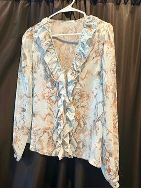 Nicole Light Blue Ruffle-Front Snake Print Blouse, never worn